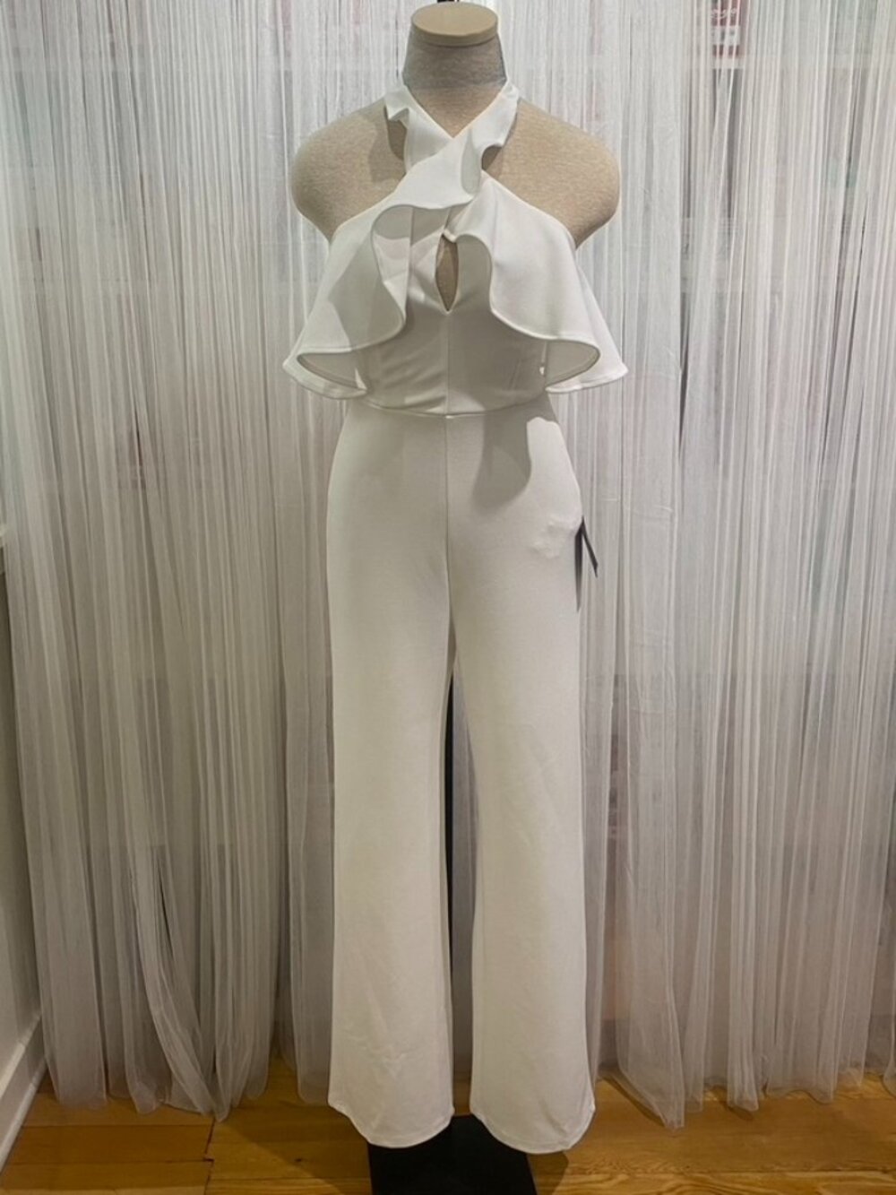 NWT Lulu's Elegant Flair Jumpsuit White with Ruffle Detail Women's Small